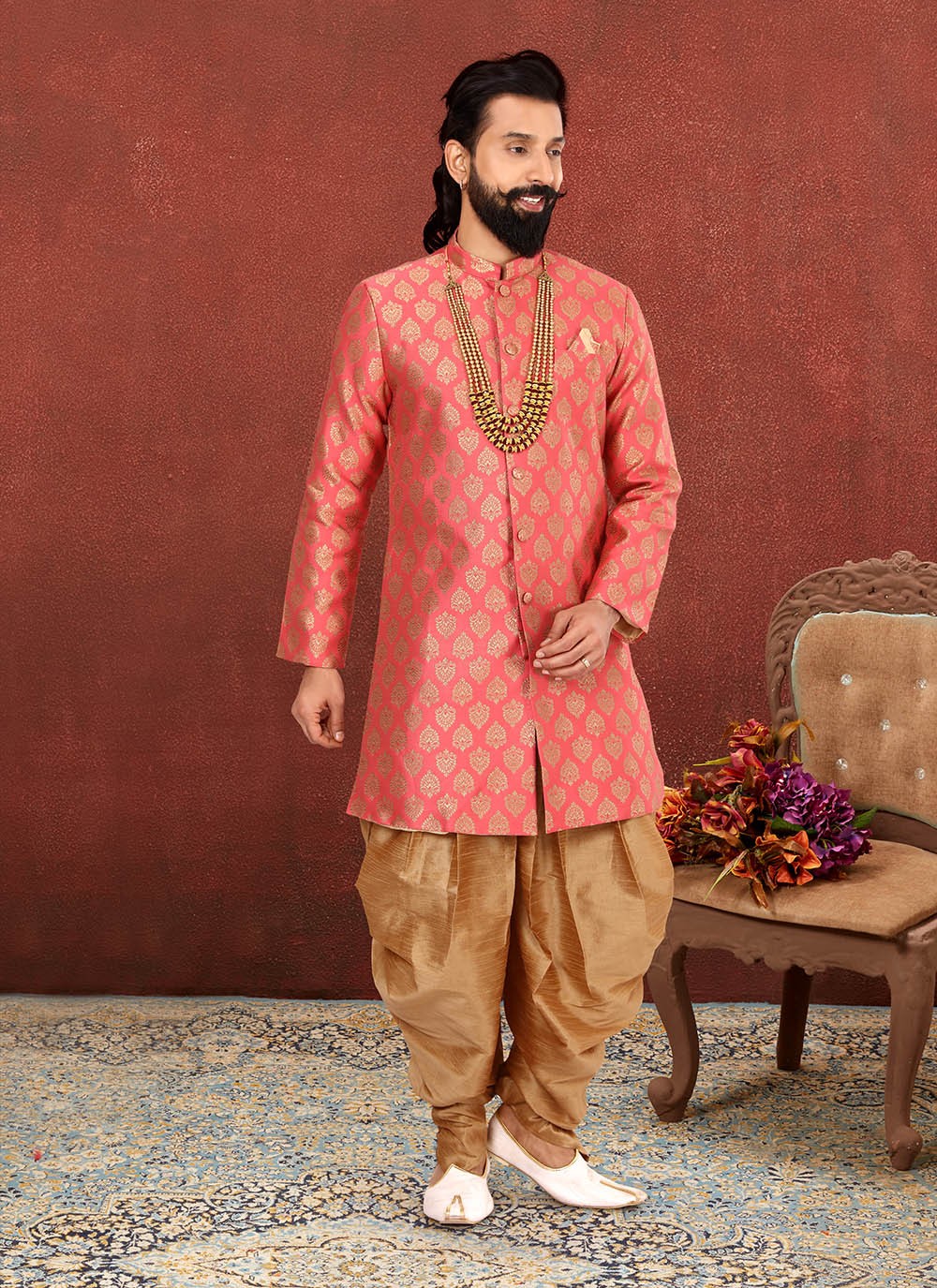 Jacquard Work Jacquard Silk Pink Indo Western Sherwani - M2618