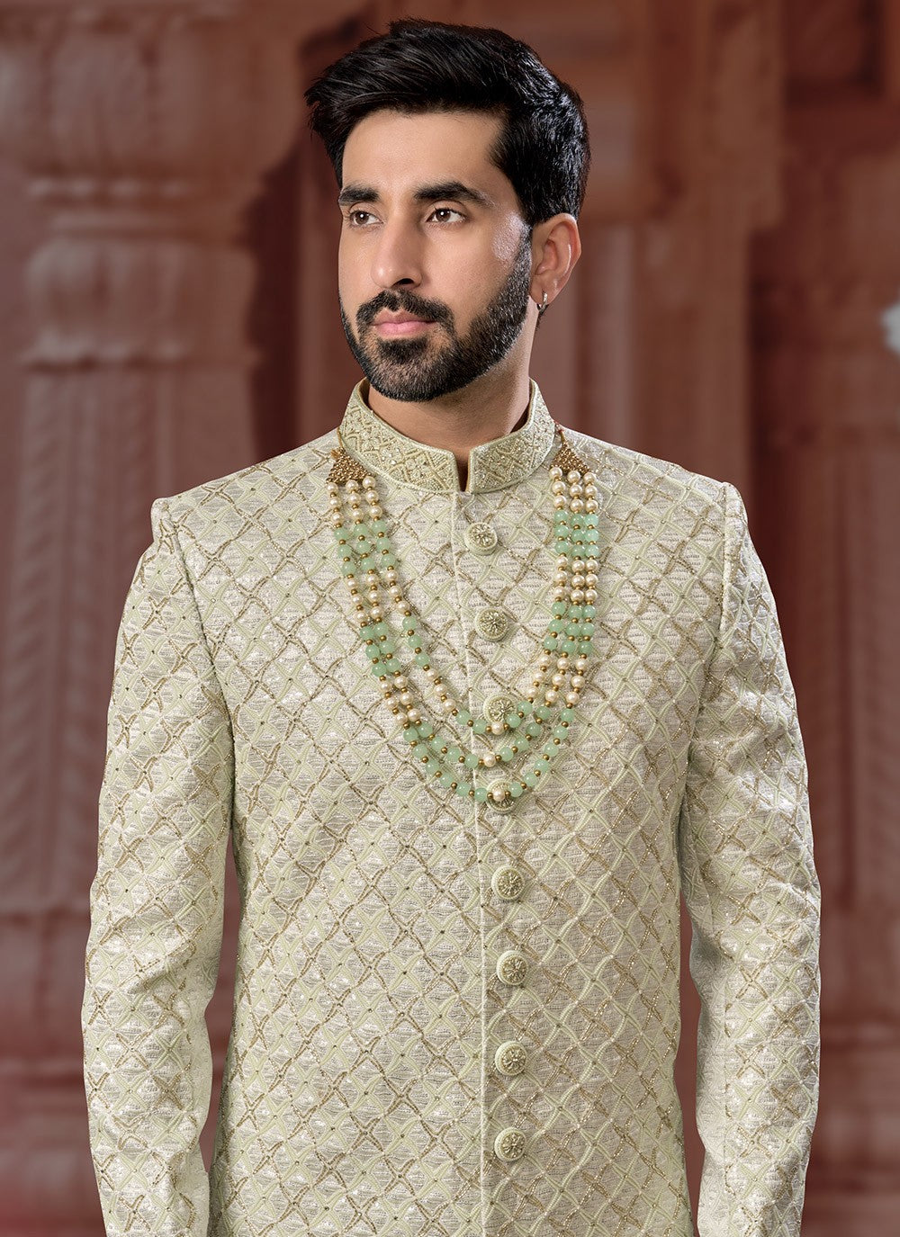 Hand Embroidery Jacquard Green Indo Western Sherwani - M6911
