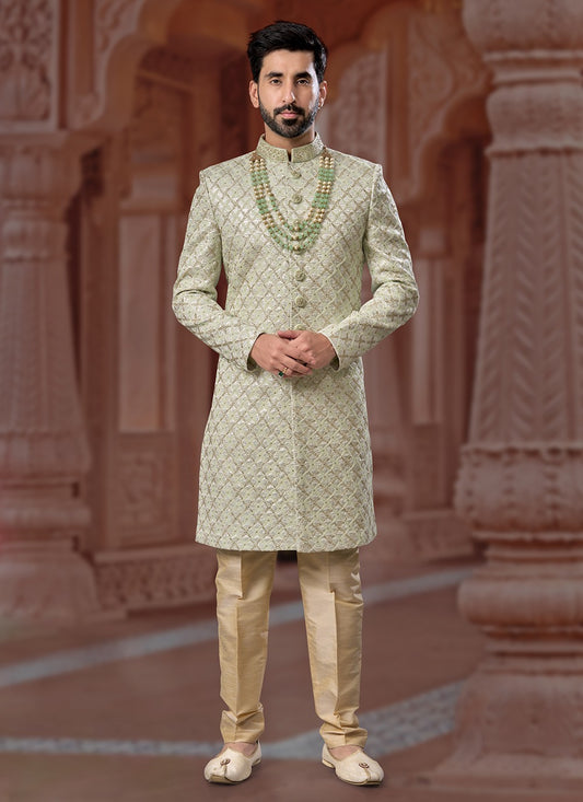 Hand Embroidery Jacquard Green Indo Western Sherwani - M6911