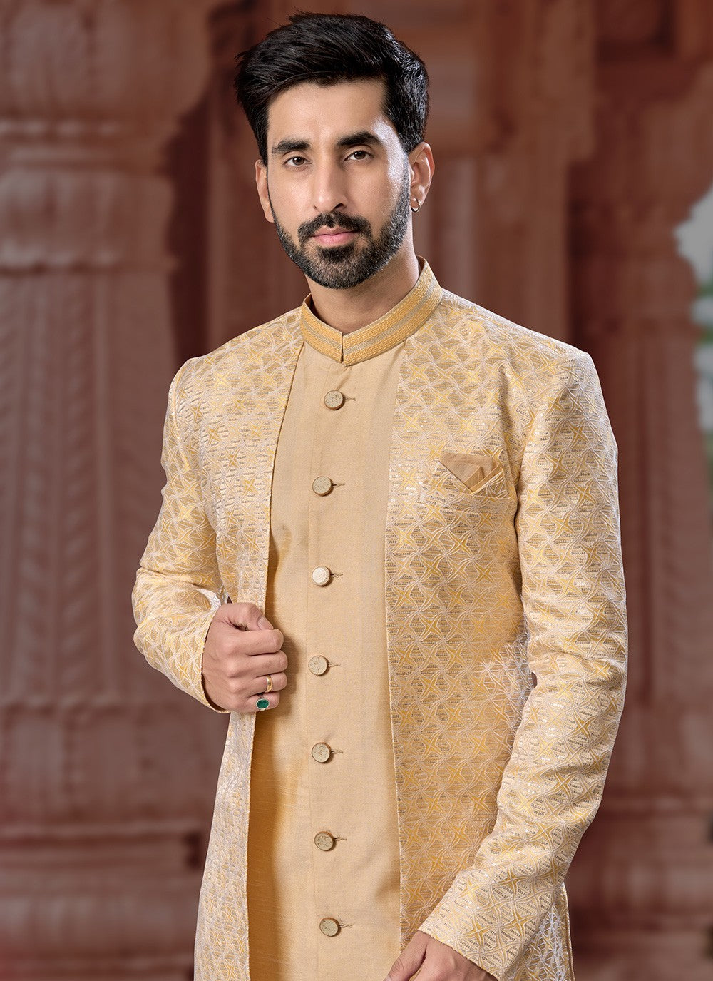 Embroidered Dupion Silk, Jacquard Yellow Indo Western Sherwani - M6904