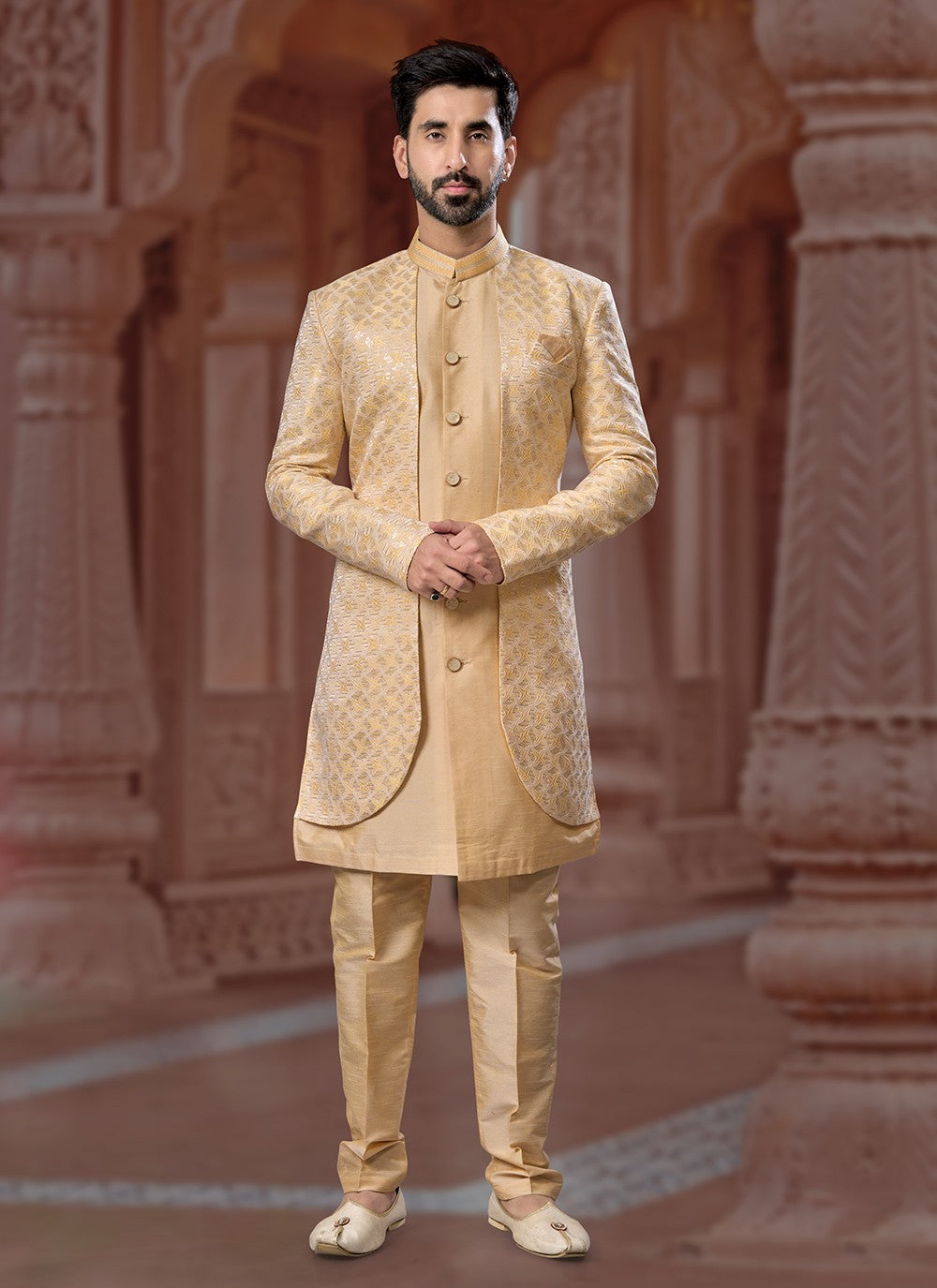 Embroidered Dupion Silk, Jacquard Yellow Indo Western Sherwani - M6904