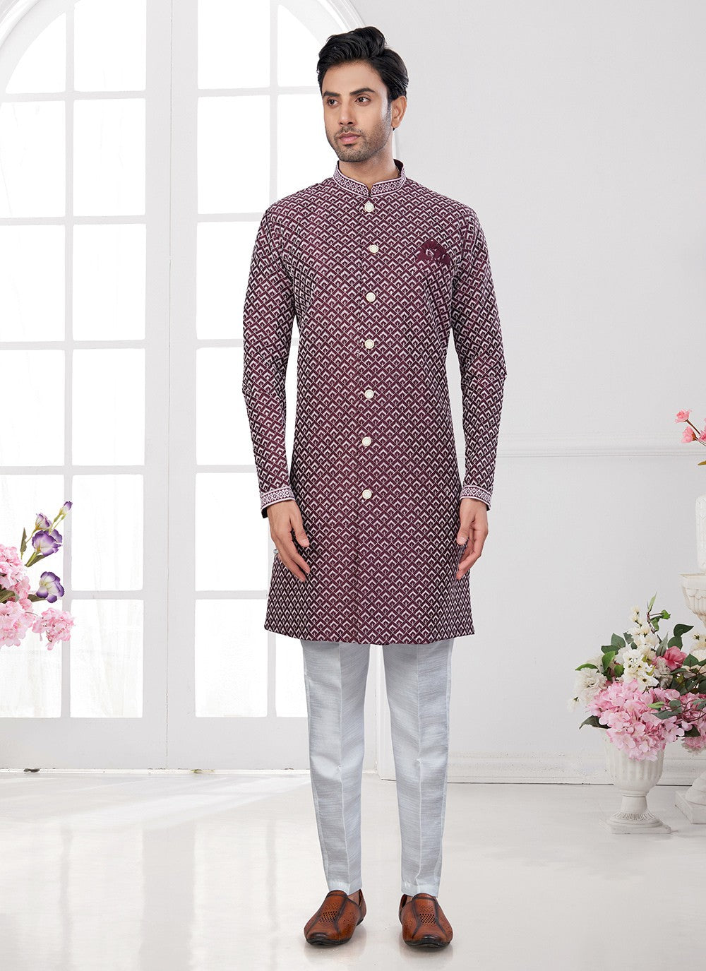 Buttons Imported, Silk Wine Indo Western Sherwani - M8612