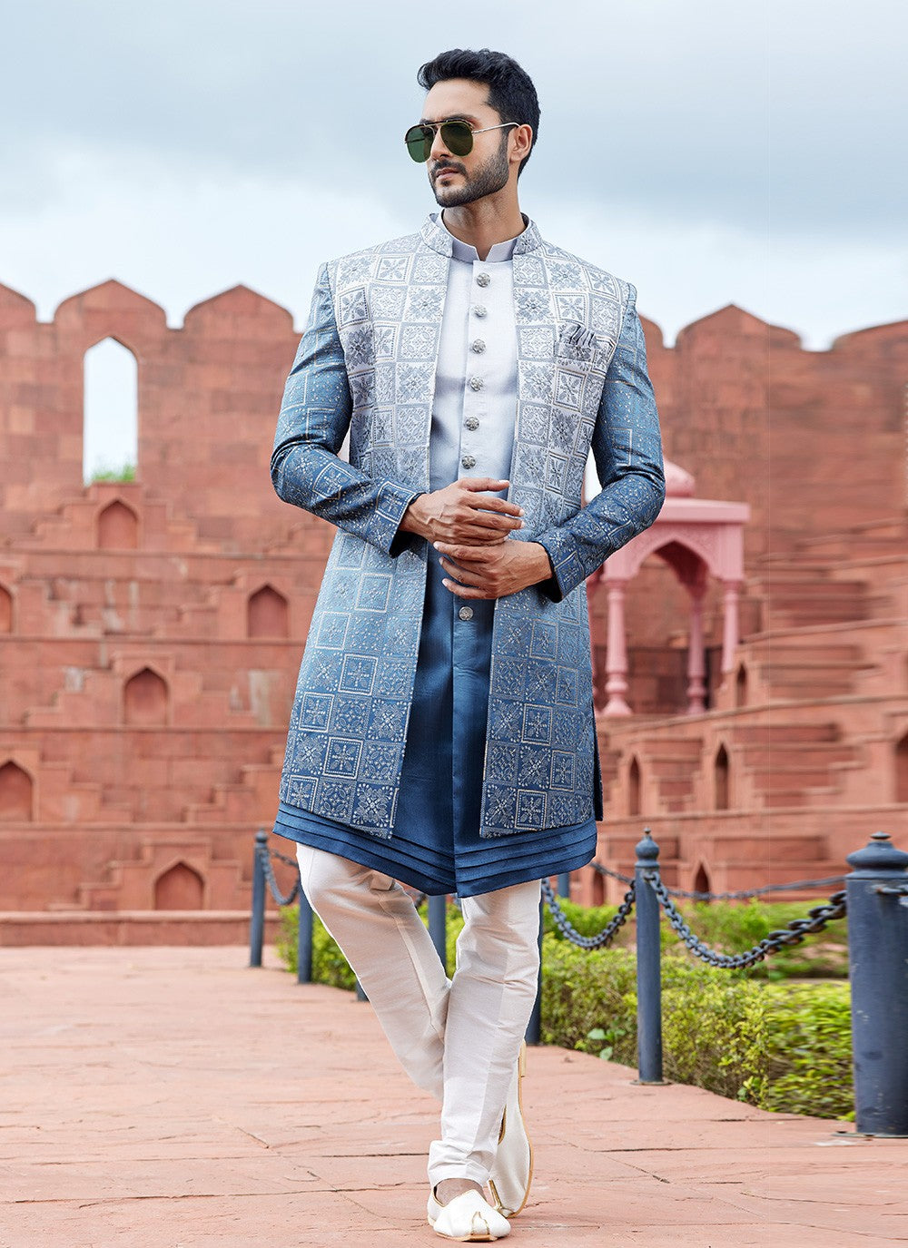 Fancy Work Art Silk Blue Indo Western Sherwani - M6157