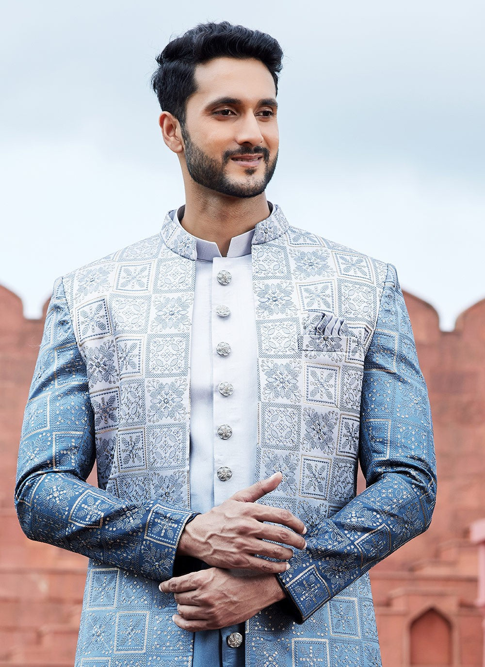 Fancy Work Art Silk Blue Indo Western Sherwani - M6157