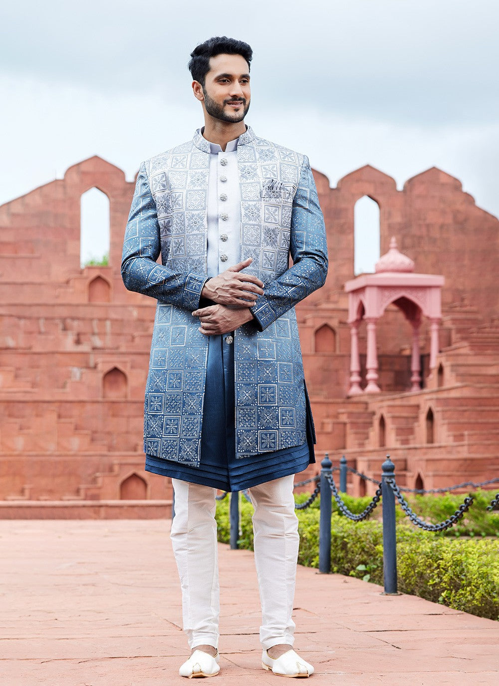Fancy Work Art Silk Blue Indo Western Sherwani - M6157