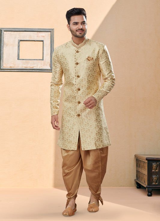 Thread Banarasi Jacquard Cream Indo Western Sherwani - M3895
