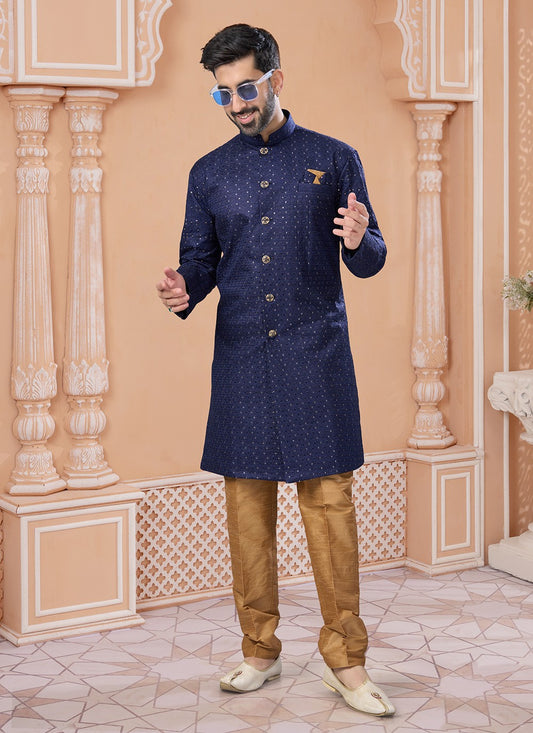Embroidered Banglori Silk Navy Blue Indo Western Sherwani - M6898