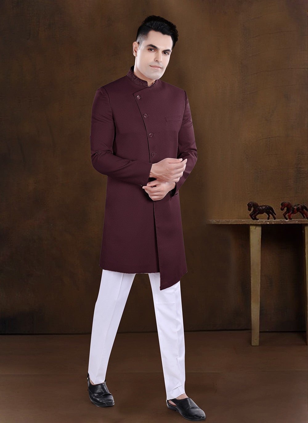 Embroidered Imported Maroon Indo Western - M8230