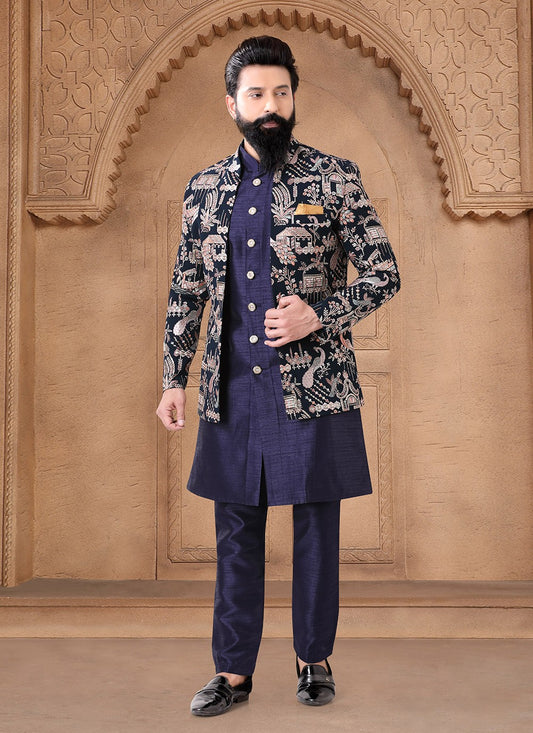 Embroidered Silk Blue Indo Western - M7669