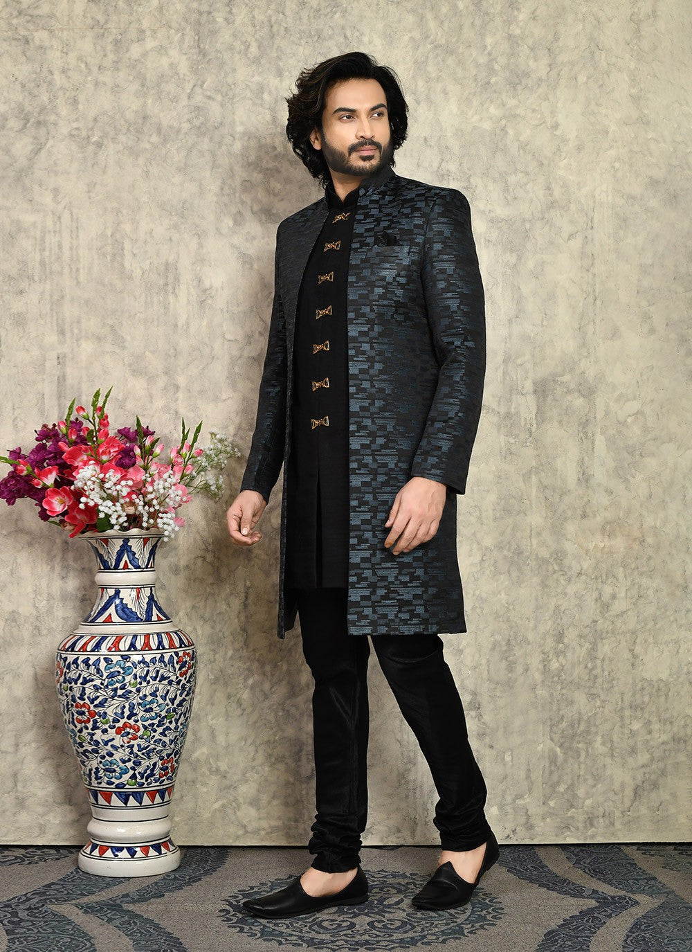 Buttons Art Silk Grey Indo Western - M8022