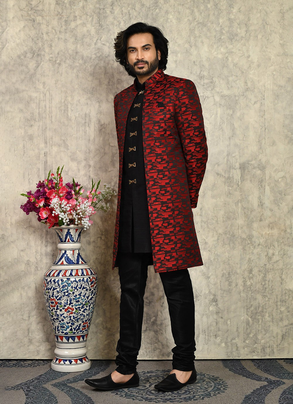 Buttons Art Silk Maroon Indo Western - M8020