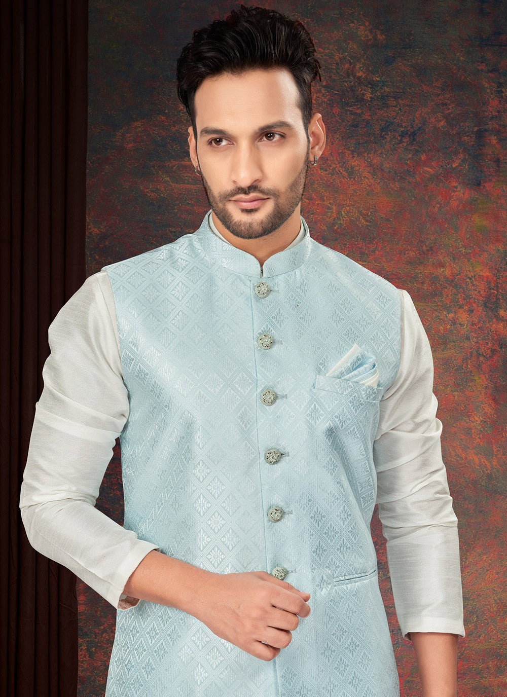 Fancy Work Jacquard Aqua Blue, Off White Kurta Payjama With Jacket - M7179