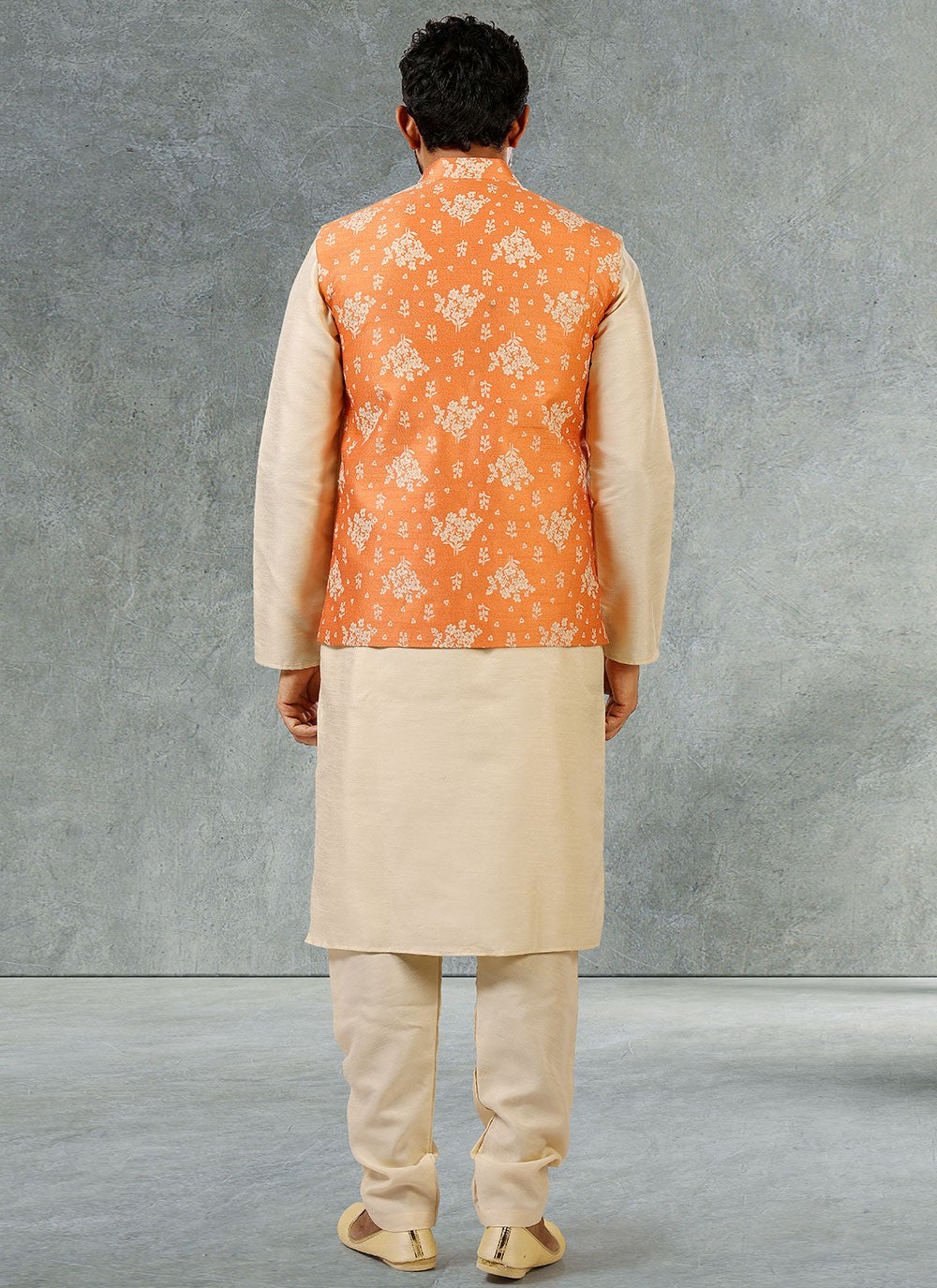 Jacquard Work Banarasi Silk, Jacquard Beige, Orange Kurta Payjama With Jacket - M2354