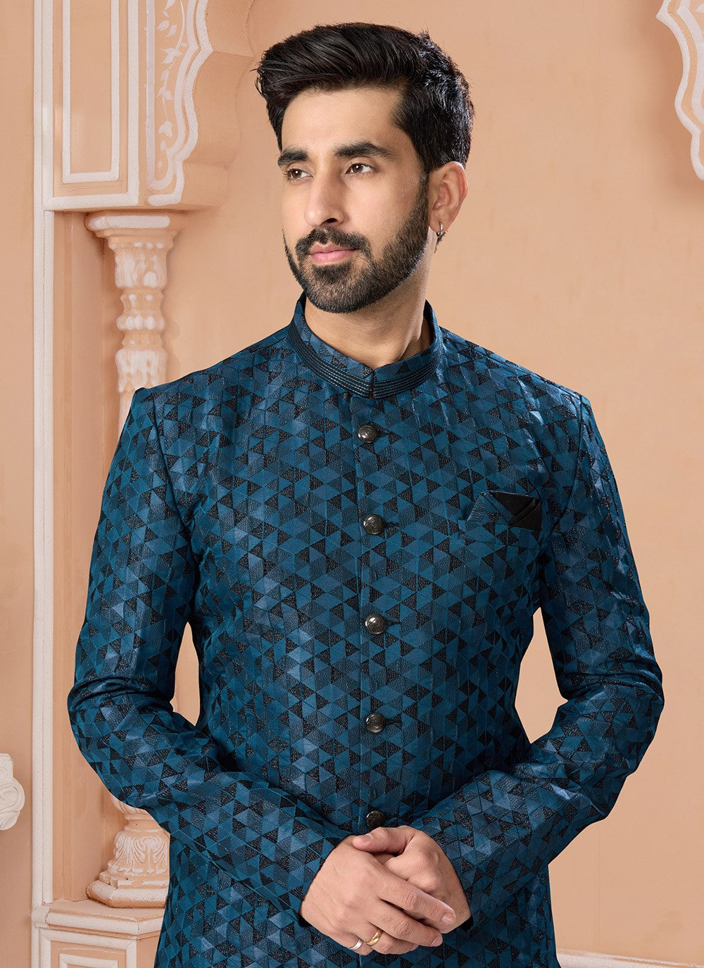 Fancy Work Jacquard Black, Blue Indo Western Sherwani - M7167