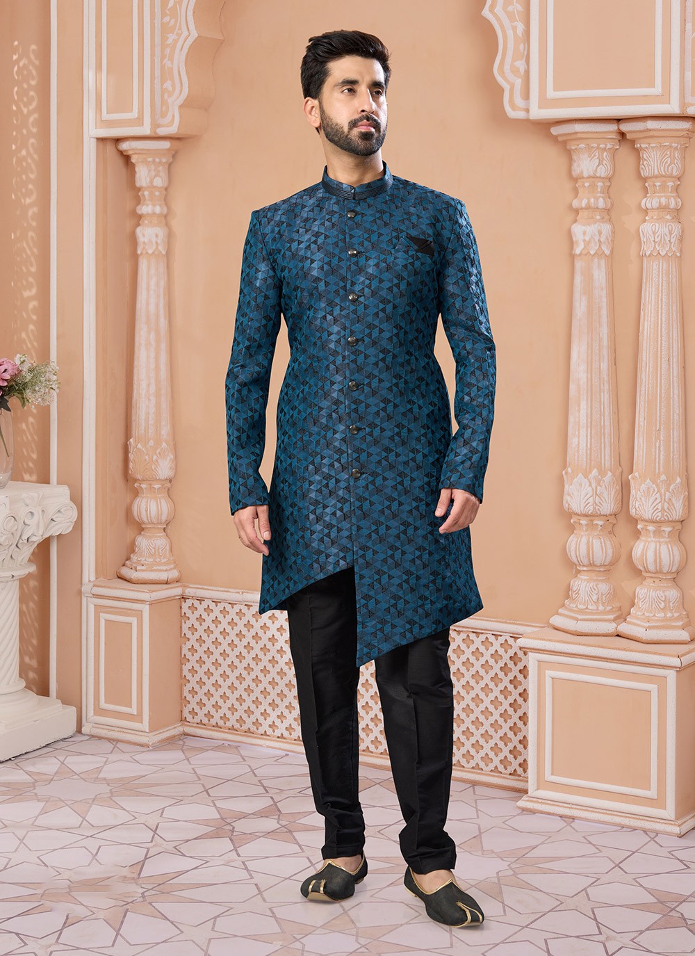 Fancy Work Jacquard Black, Blue Indo Western Sherwani - M7167