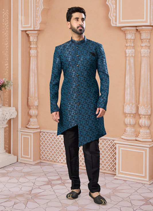 Fancy Work Jacquard Black, Blue Indo Western Sherwani - M7167
