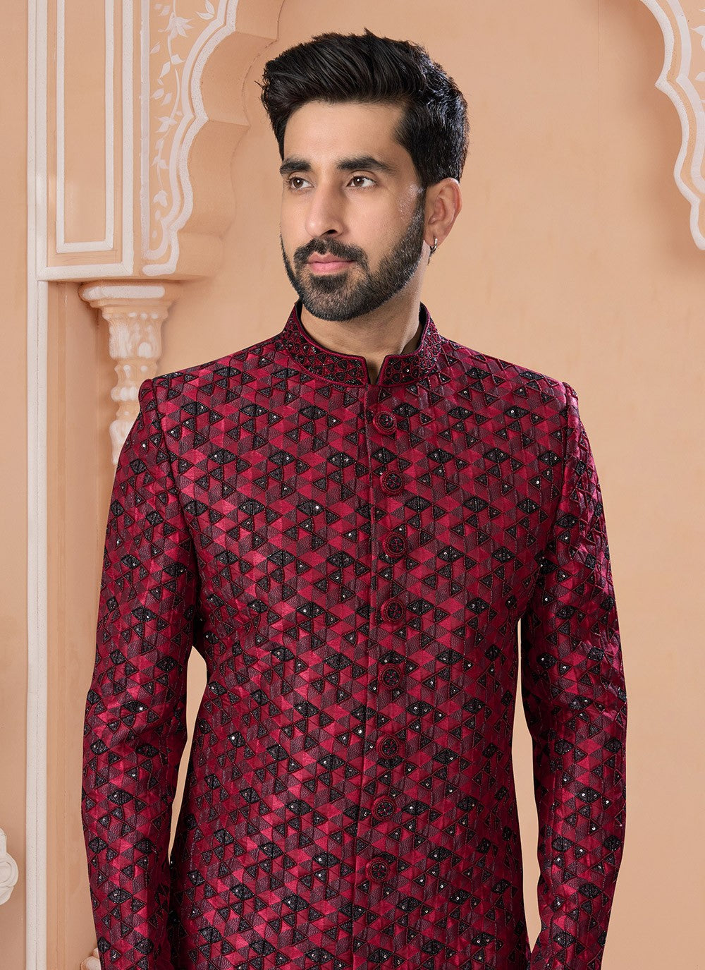 Hand Embroidery Jacquard Black, Maroon Indo Western Sherwani - M7146