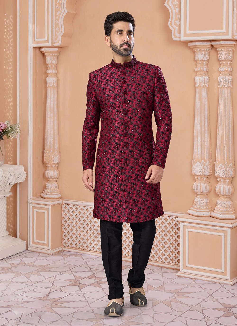 Hand Embroidery Jacquard Black, Maroon Indo Western Sherwani - M7146