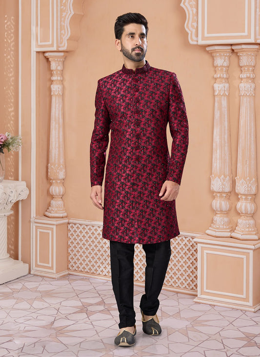 Hand Embroidery Jacquard Black, Maroon Indo Western Sherwani - M7146