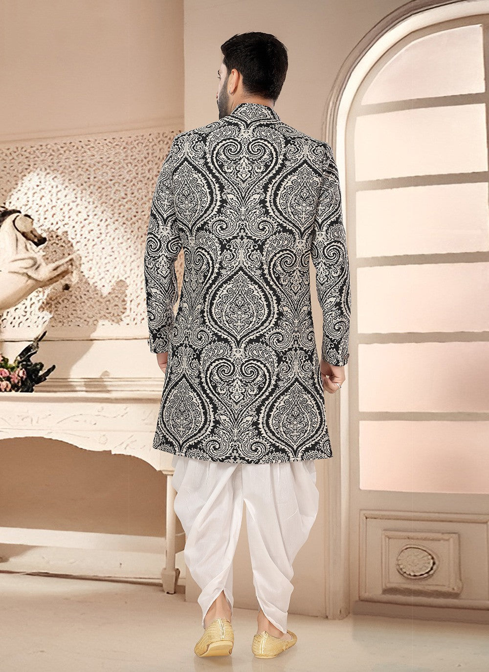 Woven Jacquard Black, White Sherwani - M7562