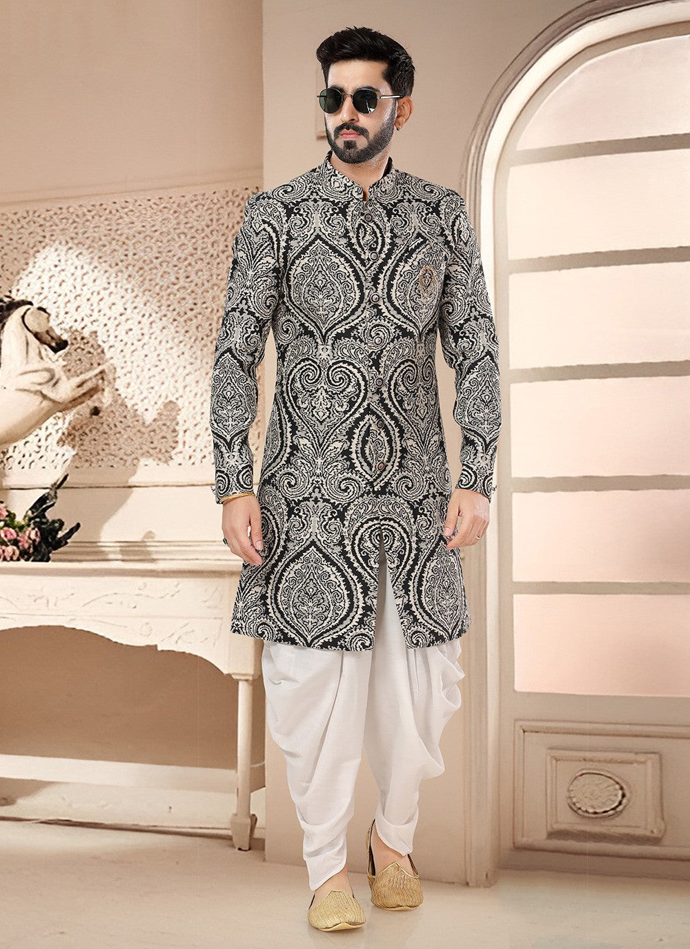 Woven Jacquard Black, White Sherwani - M7562