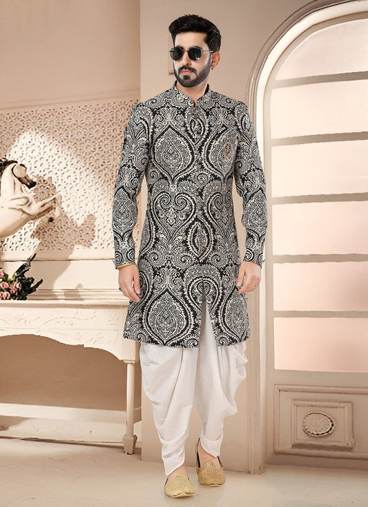 Woven Jacquard Black, White Sherwani - M7562