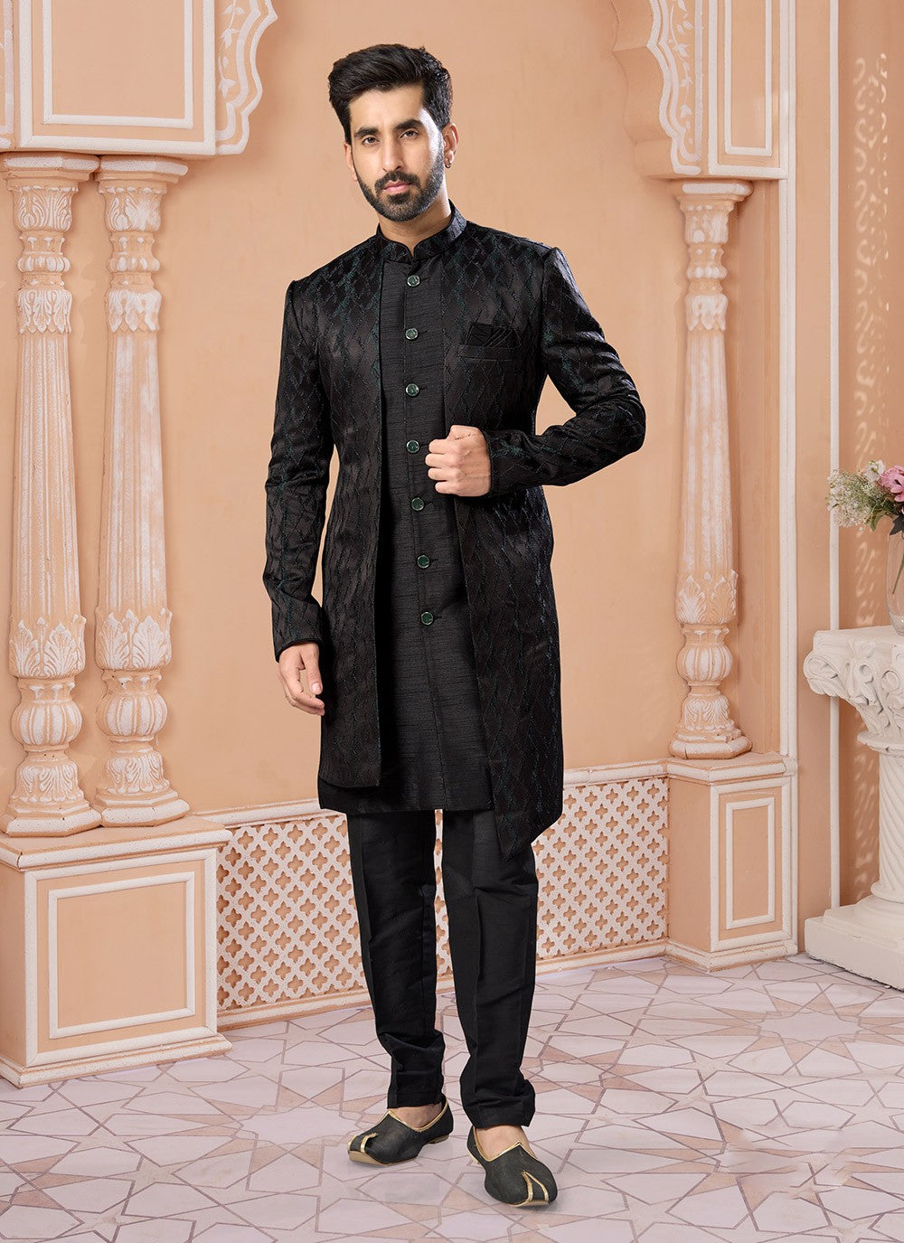 Fancy Work Jacquard Black Indo Western Sherwani - M7160