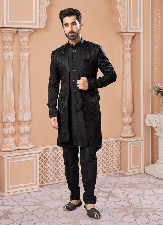 Fancy Work Jacquard Black Indo Western Sherwani - M7160