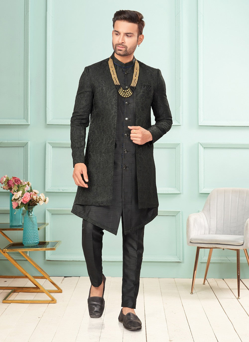 Embroidered Jacquard Black Indo Western - M7276