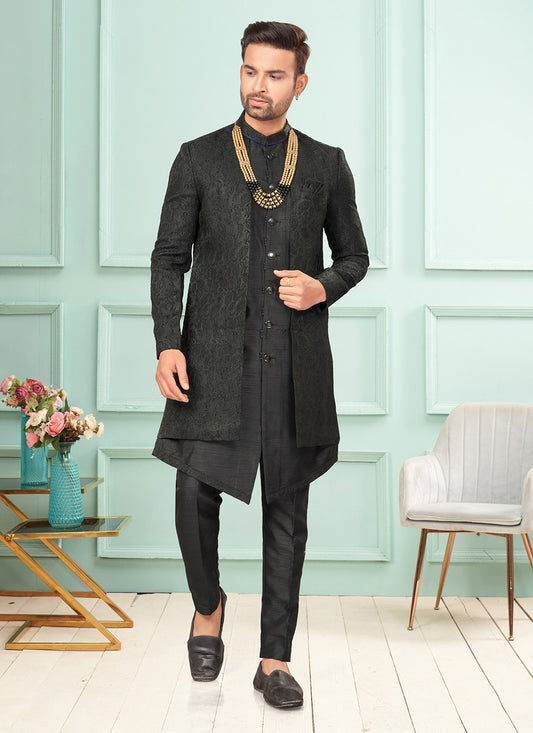 Embroidered Jacquard Black Indo Western - M7276