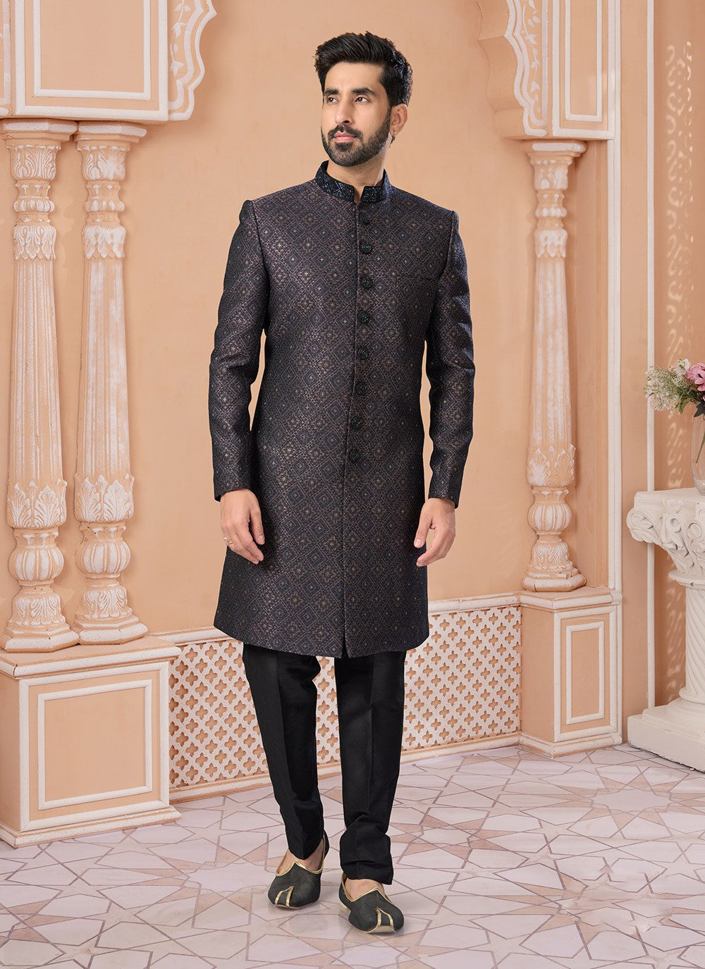 Embroidered Jacquard Black Indo Western Sherwani - M7148