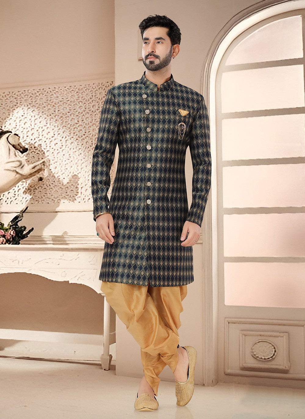 Woven Jacquard Blue, Green Sherwani - M7532
