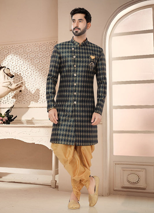 Woven Jacquard Blue, Green Sherwani - M7532