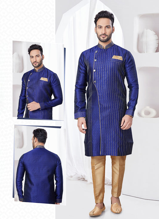 Plain Jacquard Blue Indo Western - M7693