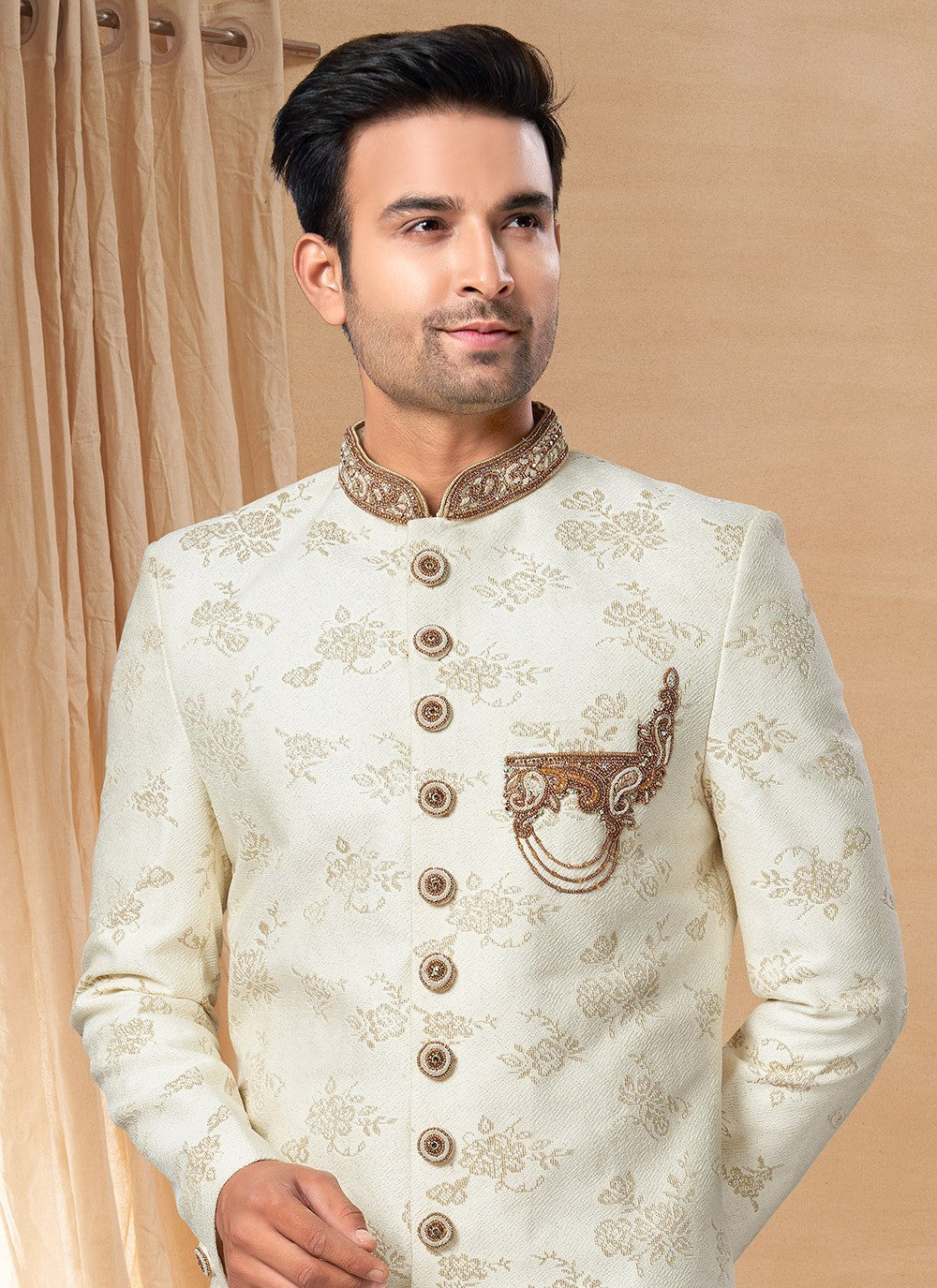 Hand Embroidery Jacquard Cream Indo Western Sherwani - M6234