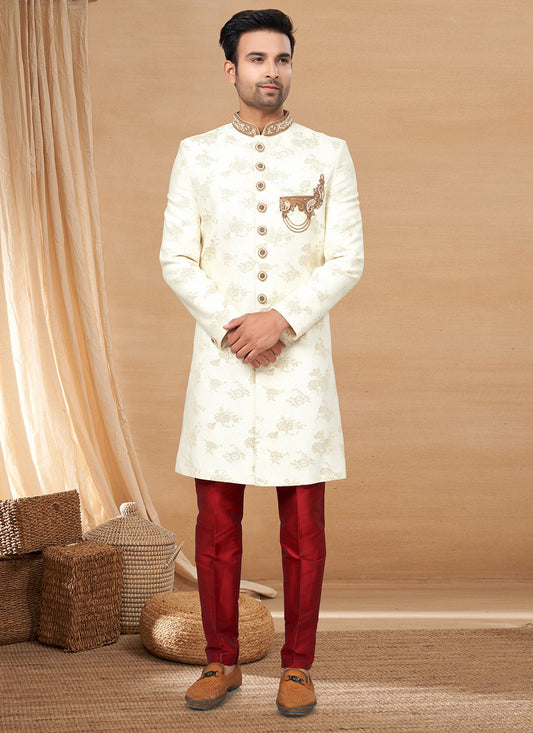 Hand Embroidery Jacquard Cream Indo Western Sherwani - M6234