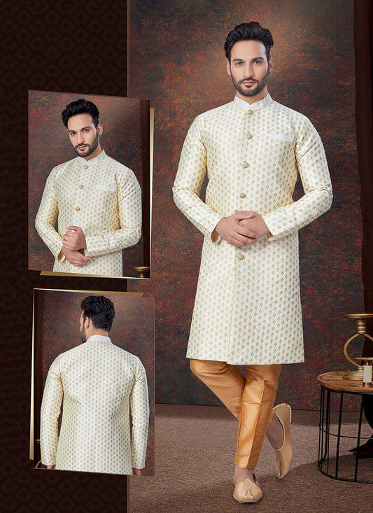 Plain Jacquard Cream Indo Western - M7701
