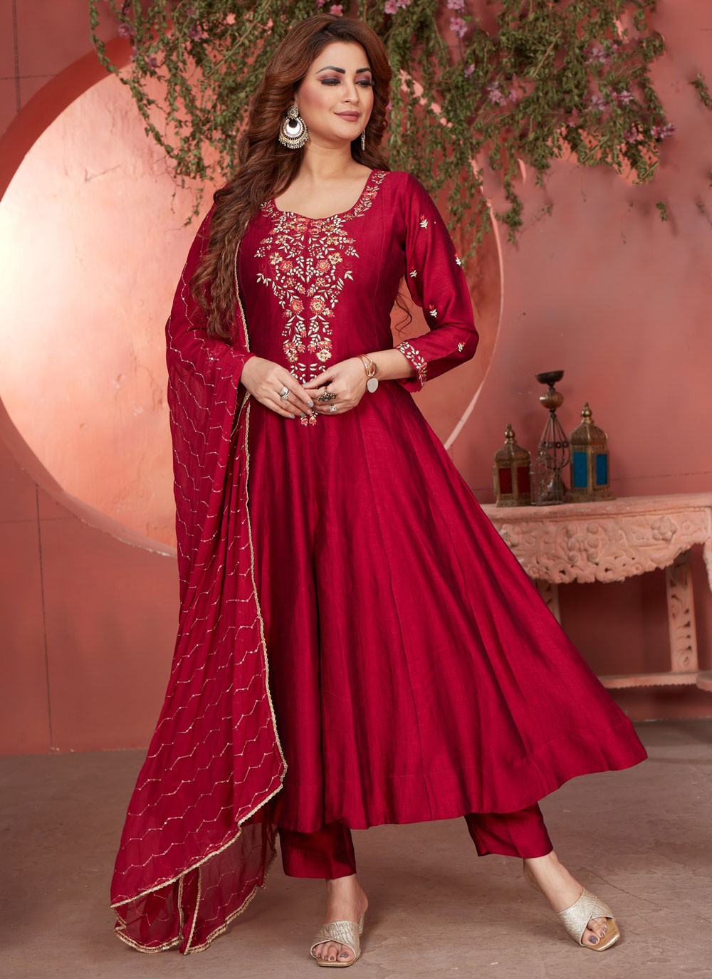 Salwar Suit Jacquard Work Hot Pink, Maroon Jacquard T5464