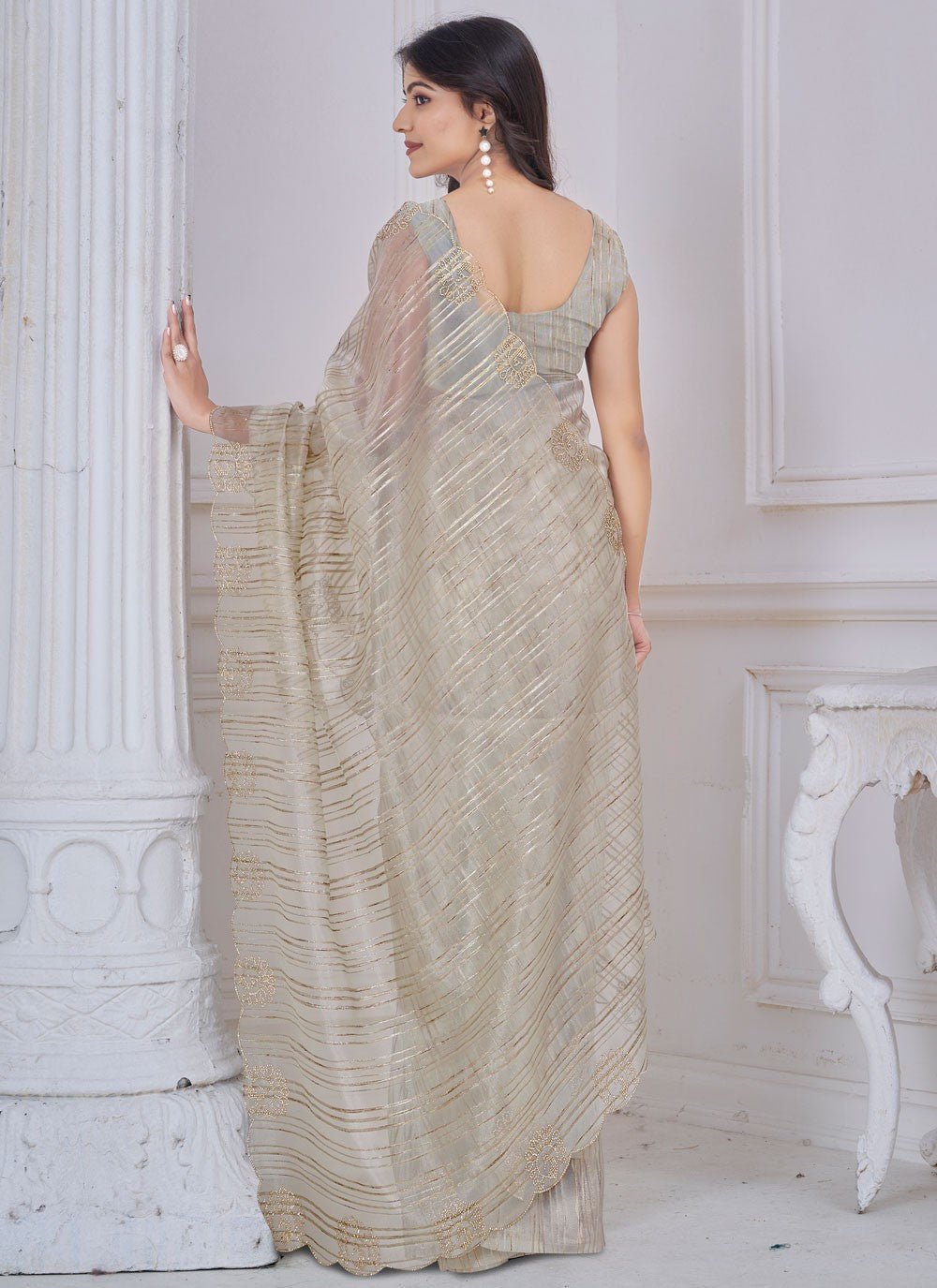Cut Work Jacquard Beige Designer Saree S14971