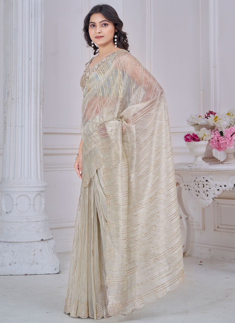 Cut Work Jacquard Beige Designer Saree S14971