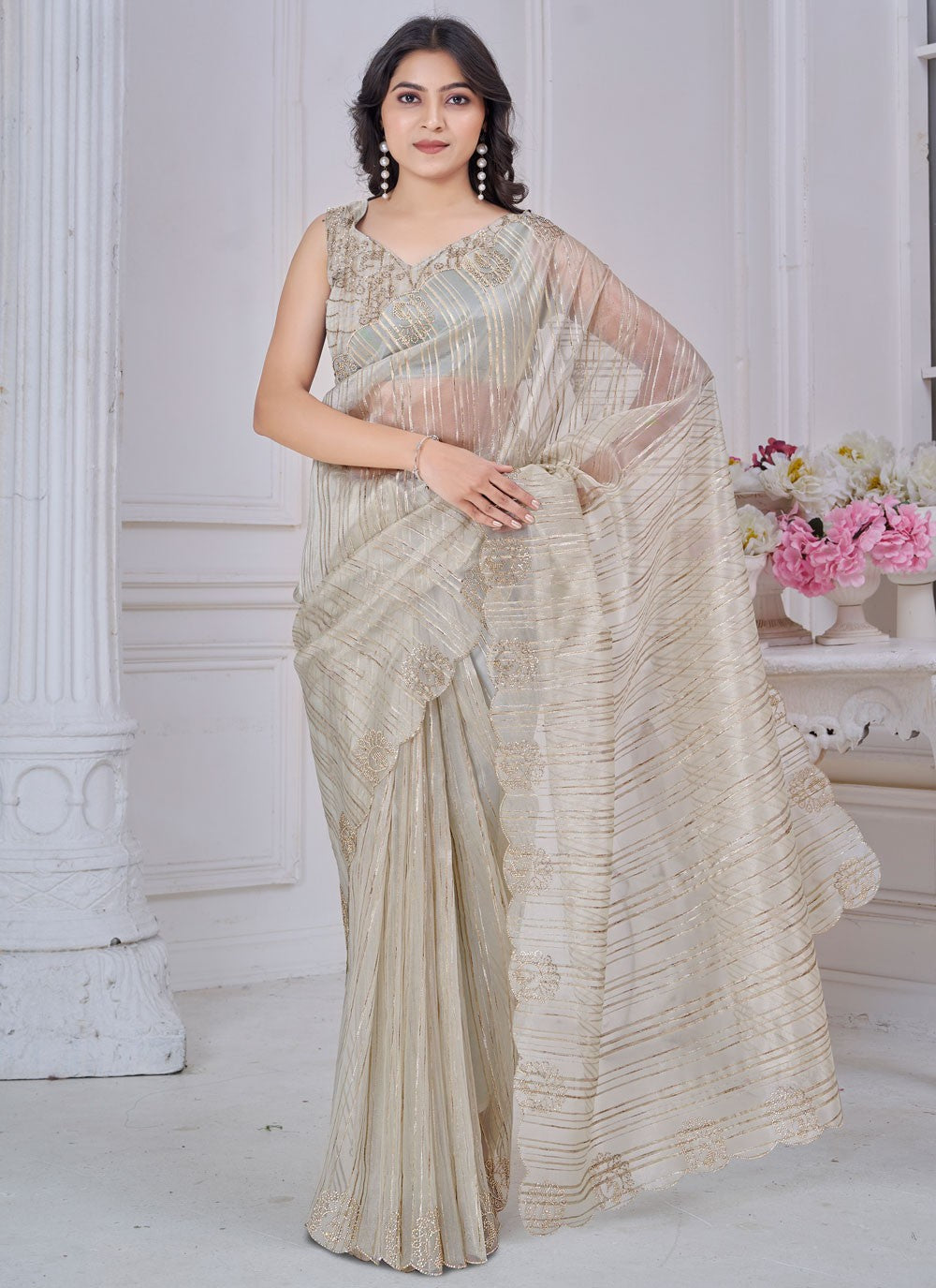 Cut Work Jacquard Beige Designer Saree S14971