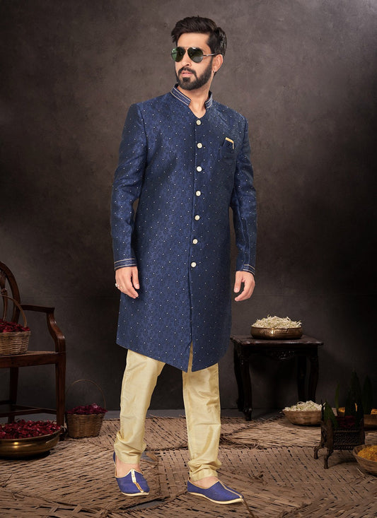 Embroidered Jacquard Blue Indo Western - M7244