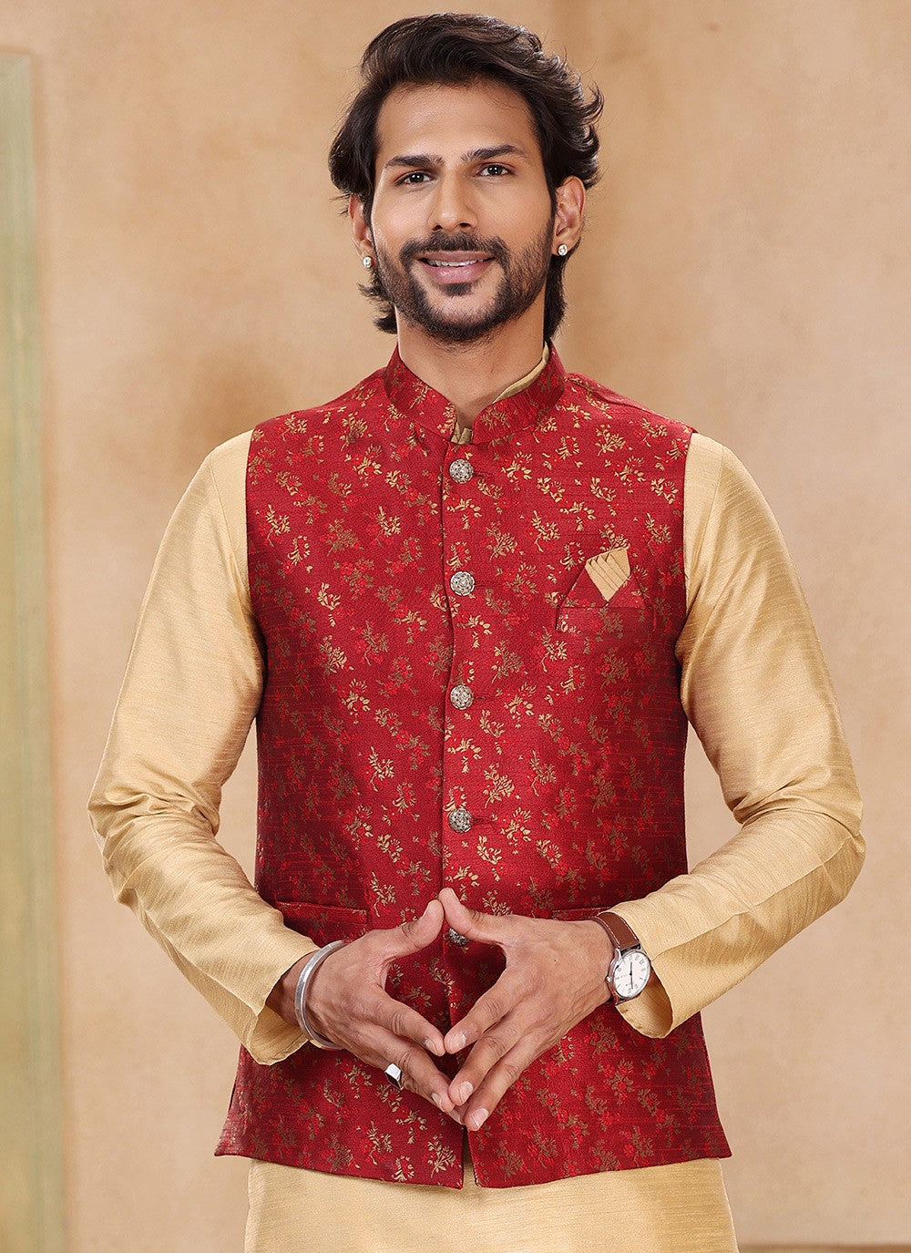 Fancy Work Banarasi Silk, Jacquard Beige, Maroon Kurta Payjama With Jacket - M5368
