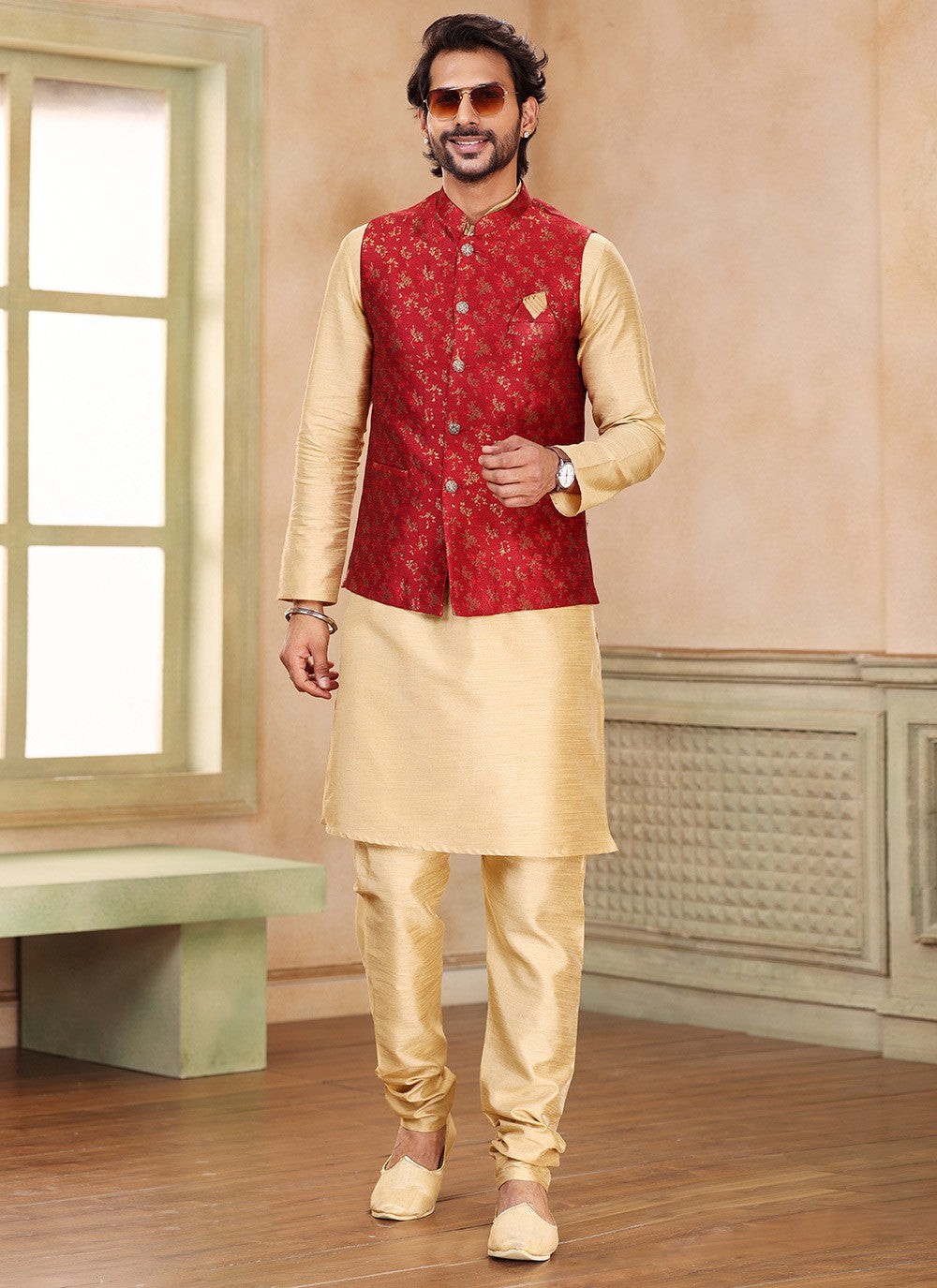 Fancy Work Banarasi Silk, Jacquard Beige, Maroon Kurta Payjama With Jacket - M5368