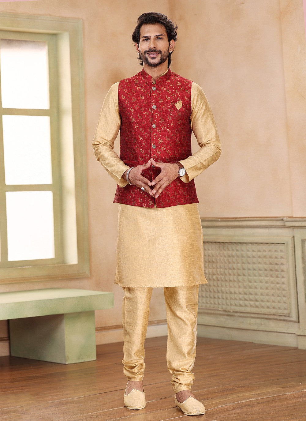 Fancy Work Banarasi Silk, Jacquard Beige, Maroon Kurta Payjama With Jacket - M5368