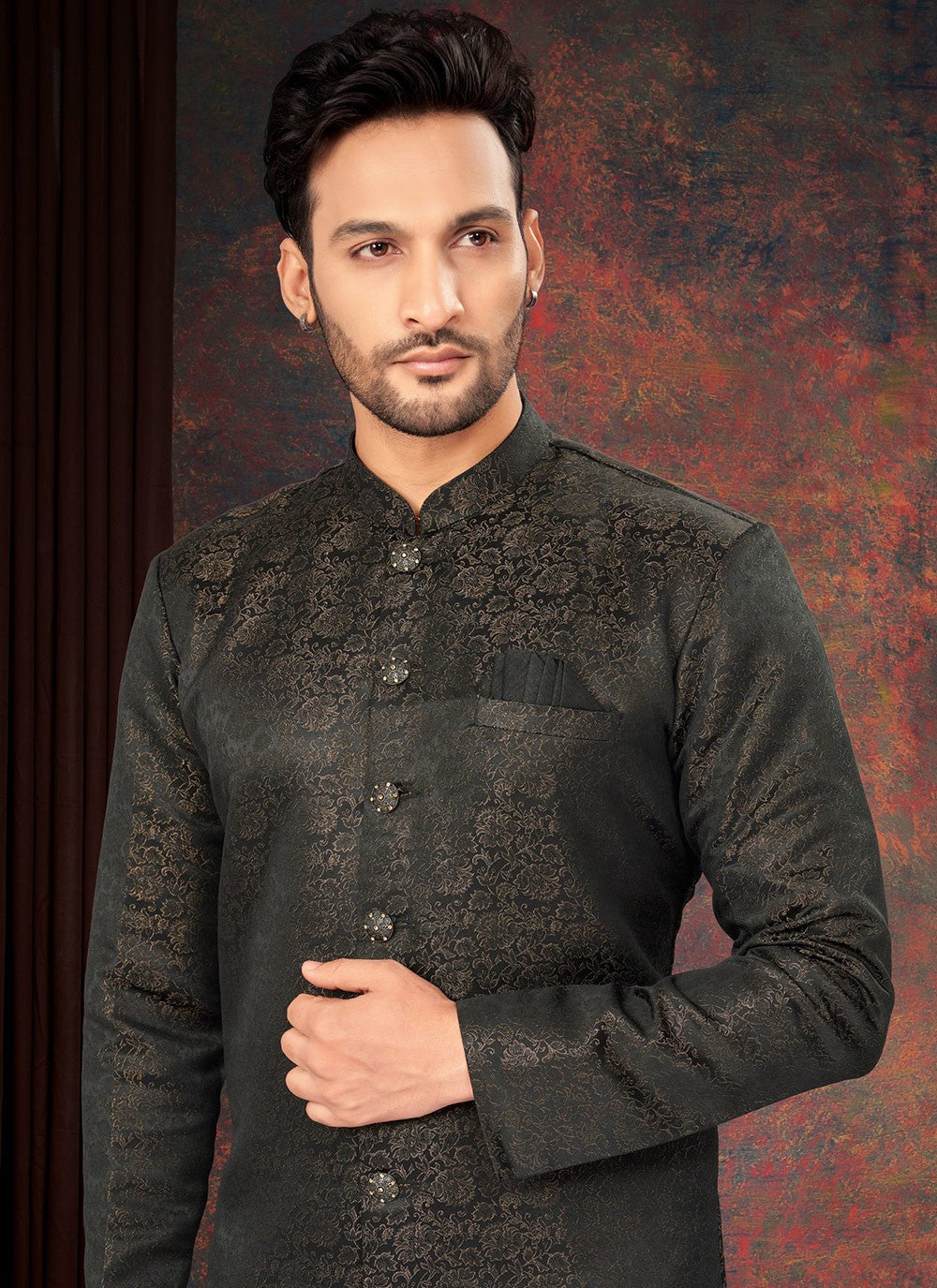 Fancy Work Jacquard Black Indo Western - M7192