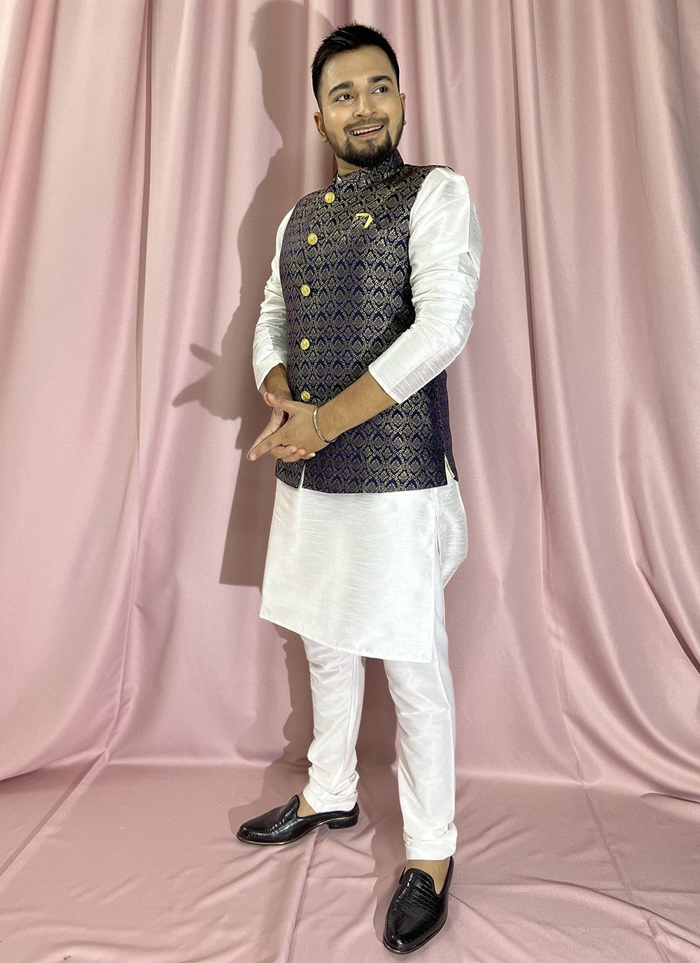 Fancy Work Jacquard, Silk Blue, White Kurta Payjama With Jacket - M5887
