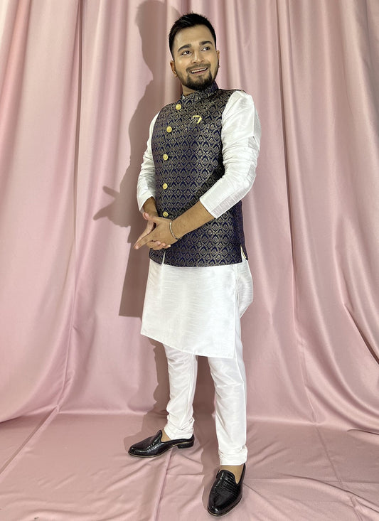 Fancy Work Jacquard, Silk Blue, White Kurta Payjama With Jacket - M5887
