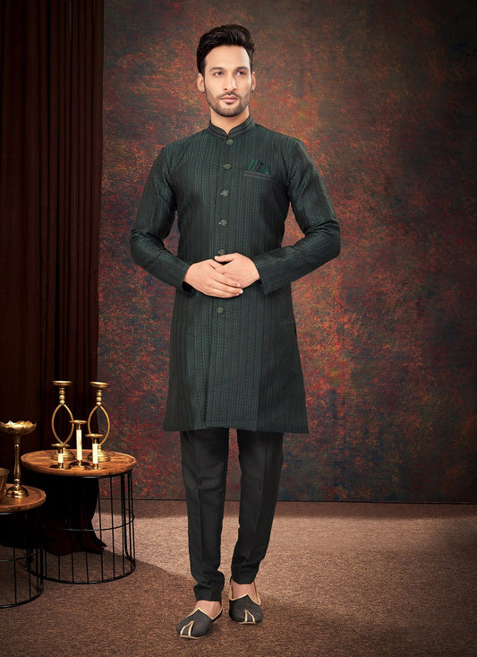 Embroidered Jacquard Green Indo Western - M7196