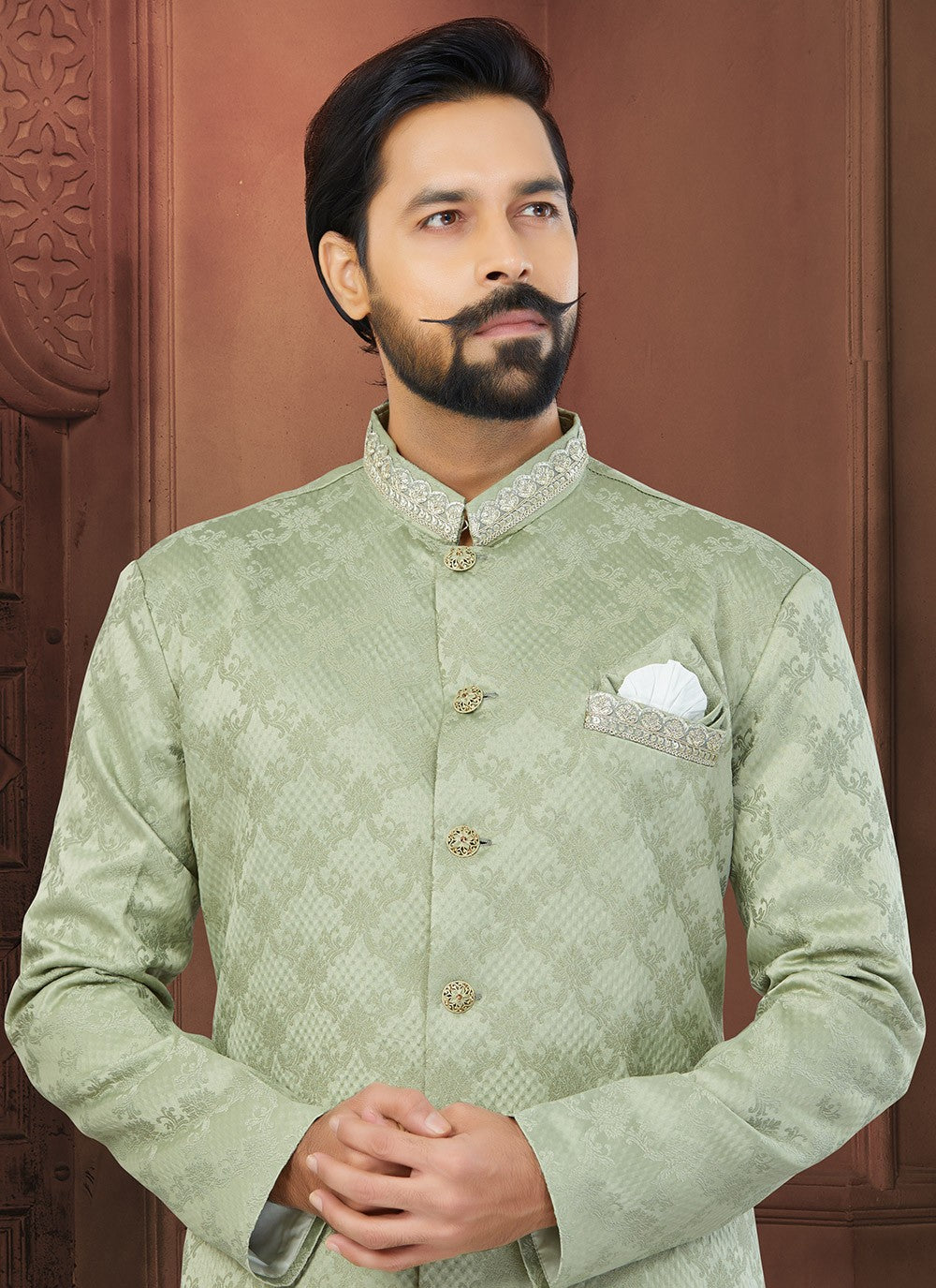 Fancy Work Jacquard Green Indo Western Sherwani - M5799